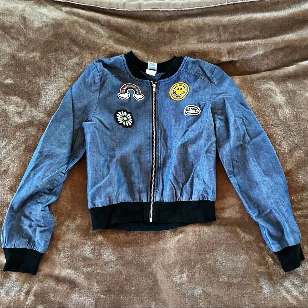 Total Girl Blue Jean Style Jacket with Fun Patches Size 7/8